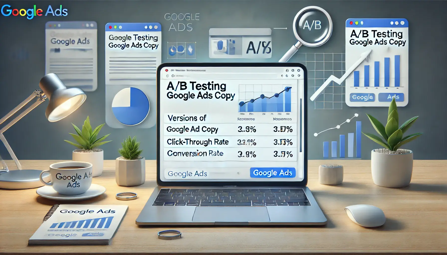 A digital marketing workspace featuring a laptop with two versions of ad copy displayed side by side in a Google Ads interface, alongside performance metrics like click-through and conversion rates. Icons like a split-screen, magnifying glass, and upward trend graph surround the workspace.