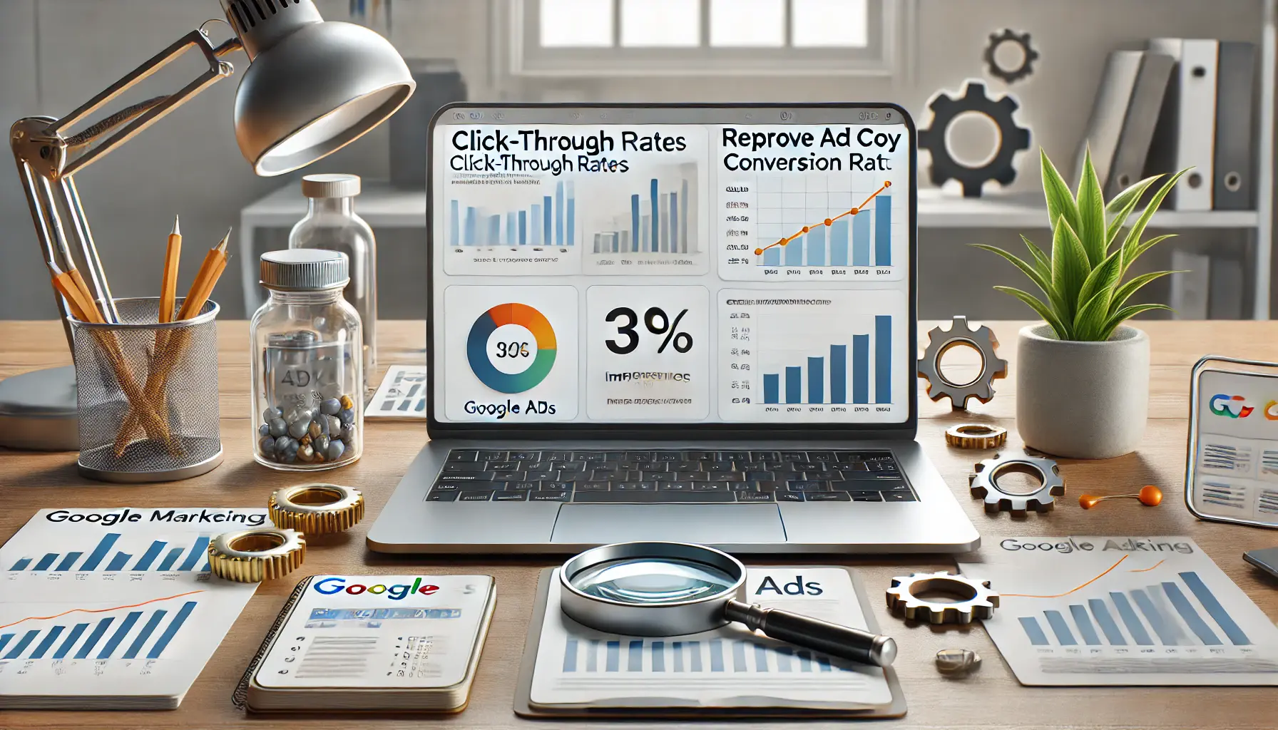 A digital marketing workspace featuring a laptop with a Google Ads dashboard displaying charts and metrics like click-through rates, conversion rates, and impressions. Icons like a magnifying glass, gear, and upward trend graph surround the workspace.