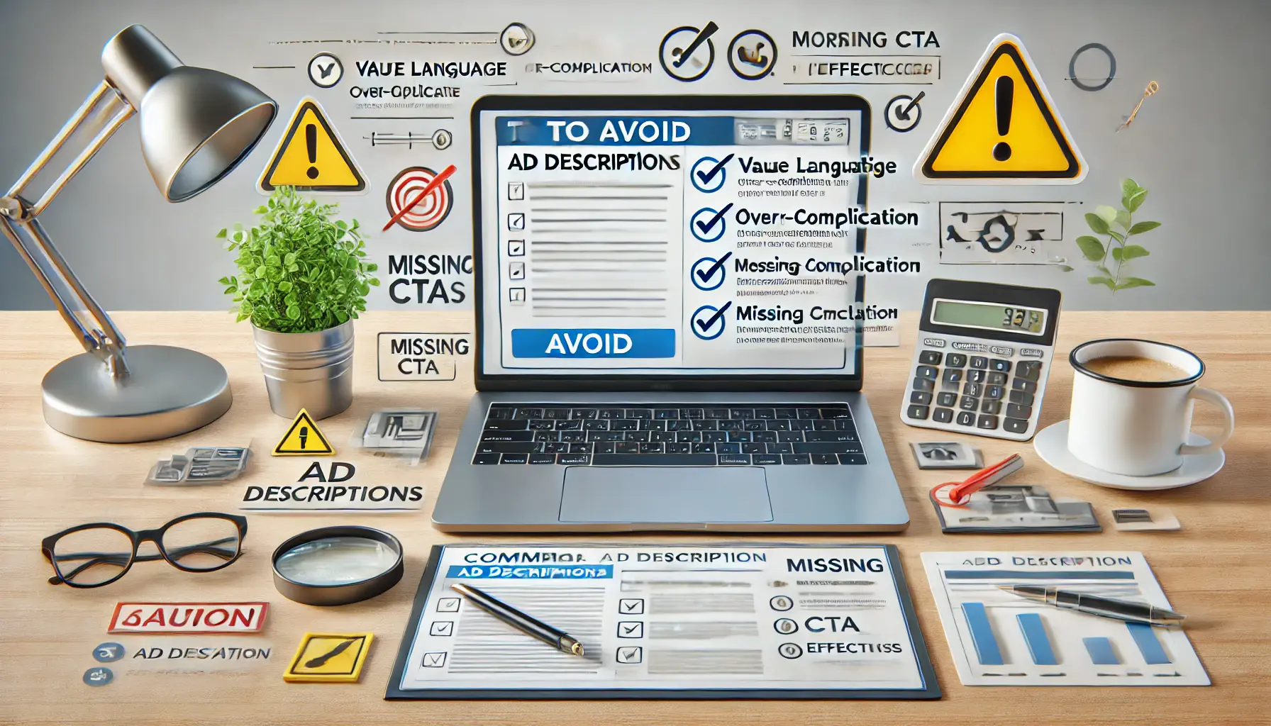 A professional digital marketing workspace featuring a laptop showing an ad description with highlighted errors, along with caution symbols like a warning triangle and crossed-out elements.