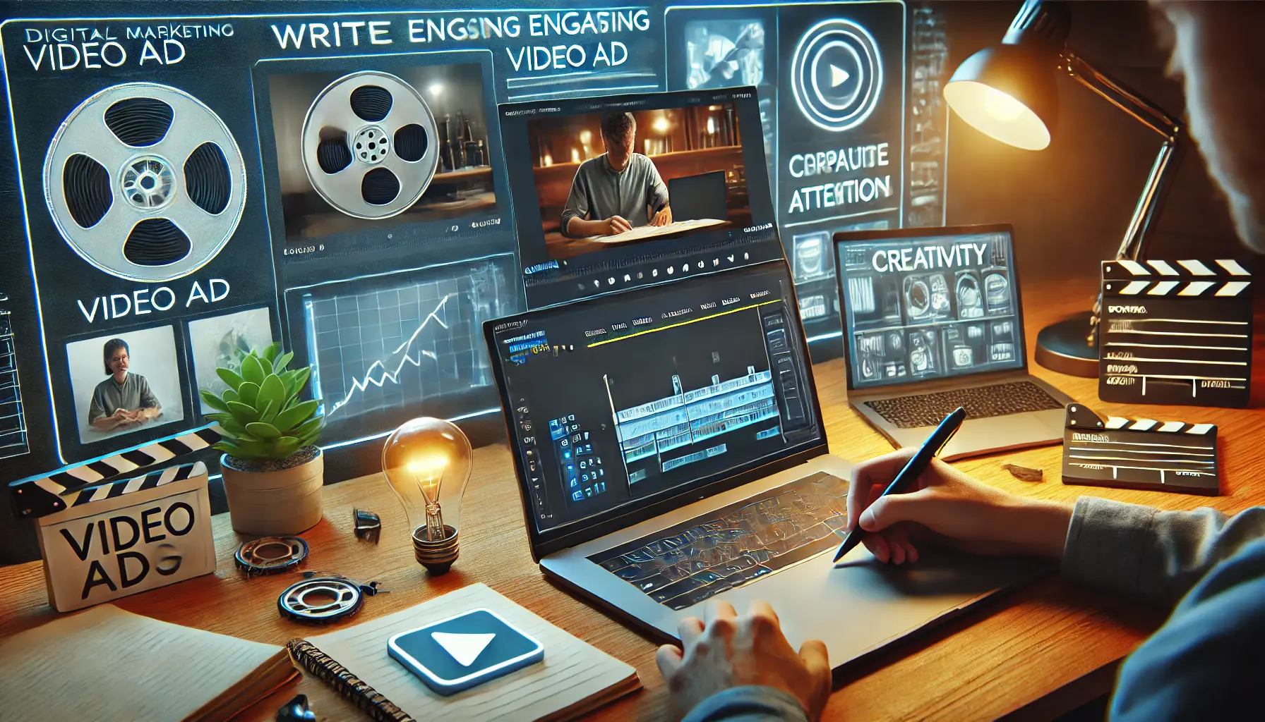 A digital marketing workspace featuring a laptop with a video editing interface, showing a script being written alongside a video timeline and preview window. Icons like a play button, film reel, and light bulb surround the workspace.