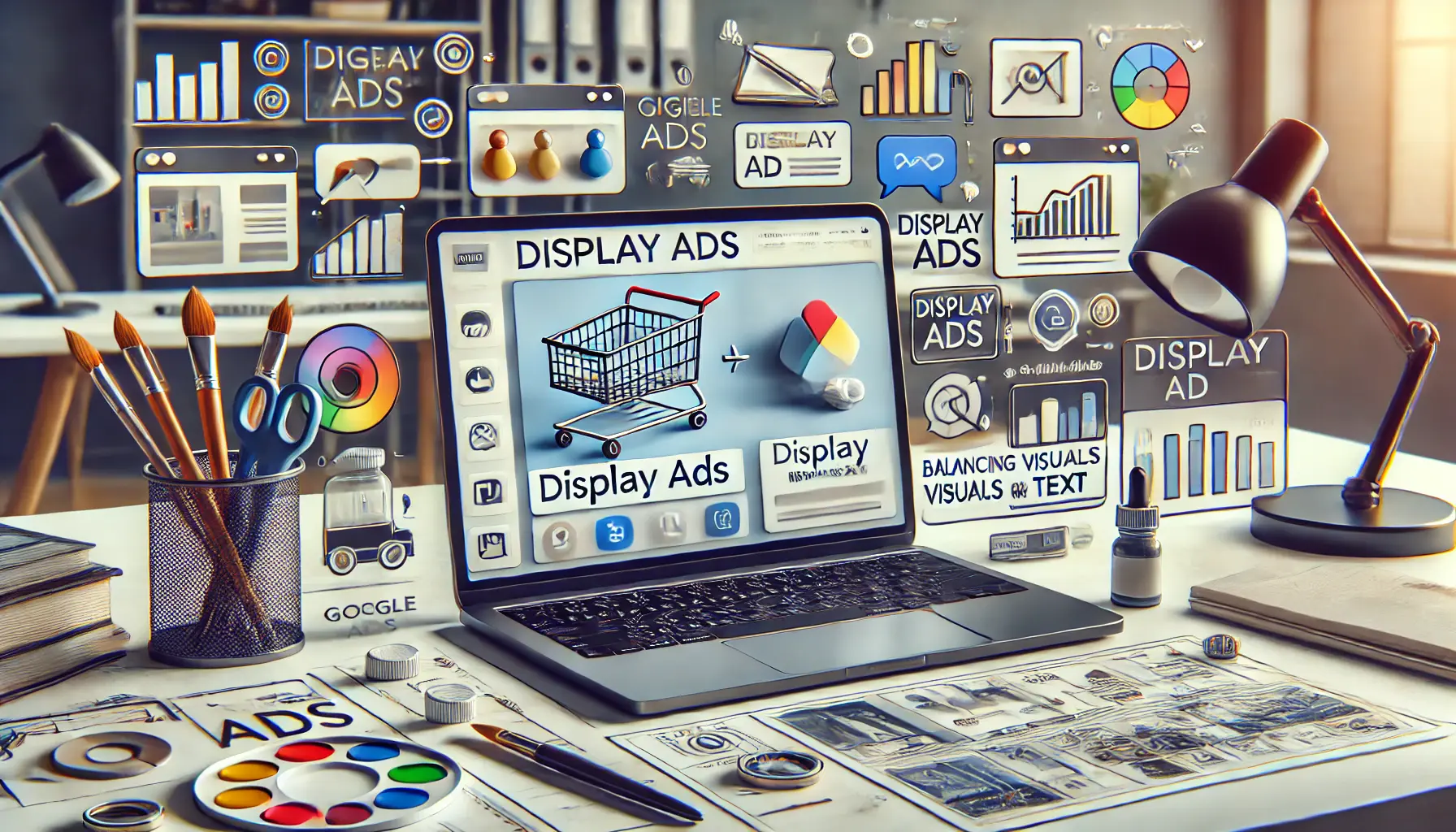 A digital marketing workspace with a laptop displaying the Google Ads interface for Display Ad creation, showing a preview with both an image and text side by side. Icons like an image symbol, paintbrush, and chat bubble surround the workspace.