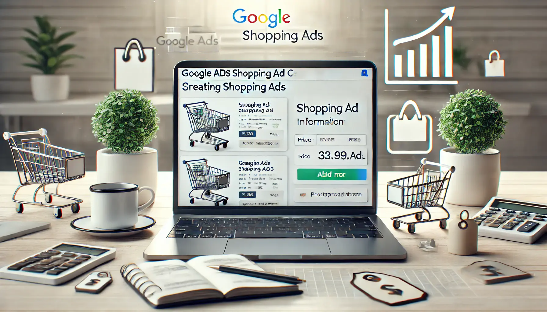 A digital marketing workspace featuring a laptop with a Google Ads Shopping Ad creation interface showing a product image, title, price, and details being entered, surrounded by e-commerce symbols like a shopping cart and product tag.