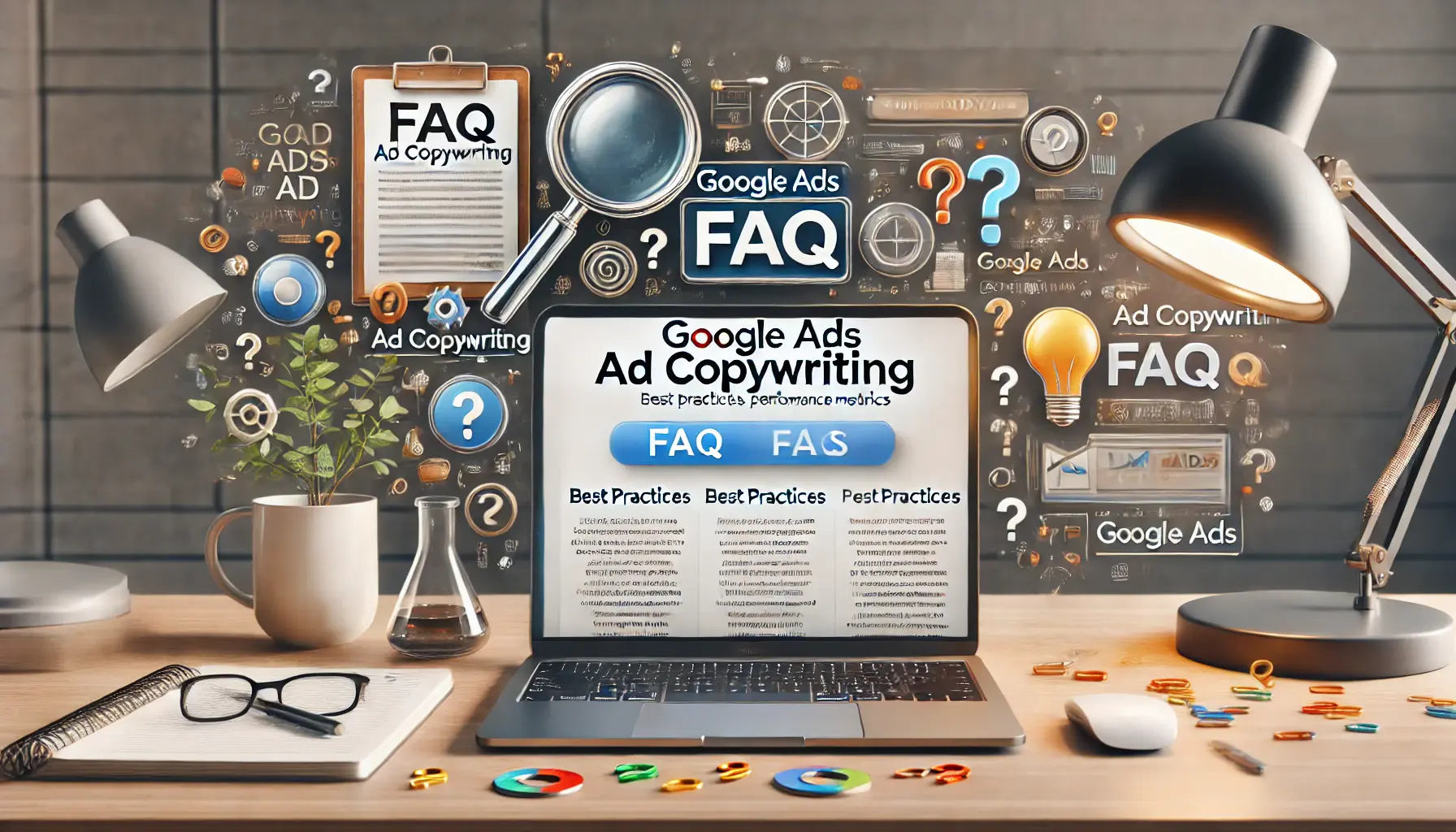 A digital marketing workspace with a laptop displaying a Google Ads FAQ section, surrounded by icons like a magnifying glass, question marks, and a light bulb representing guidance and ideas.