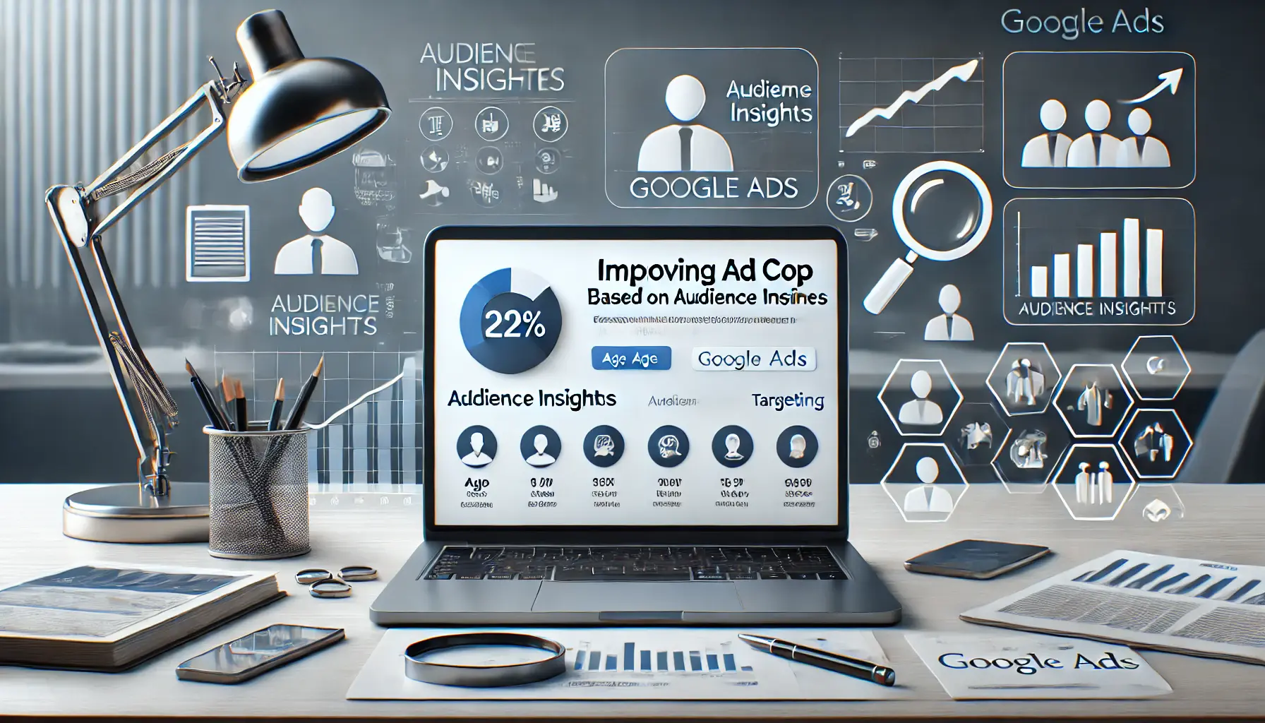 A digital marketing workspace featuring a laptop displaying an audience insights dashboard from Google Ads, with demographic data such as age, gender, and interests. Icons like a profile, magnifying glass, and upward trend graph surround the workspace.