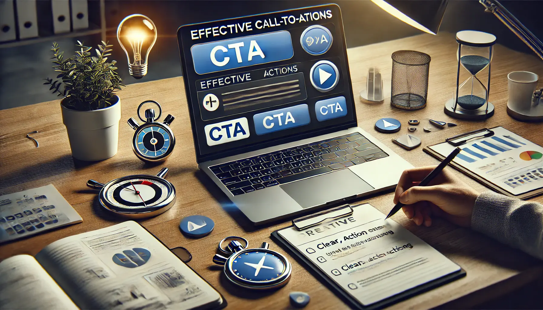 A professional digital marketing workspace featuring a laptop with a Google Ads interface testing CTA buttons, surrounded by symbols of urgency like a stopwatch and an arrow, along with strategic notes.