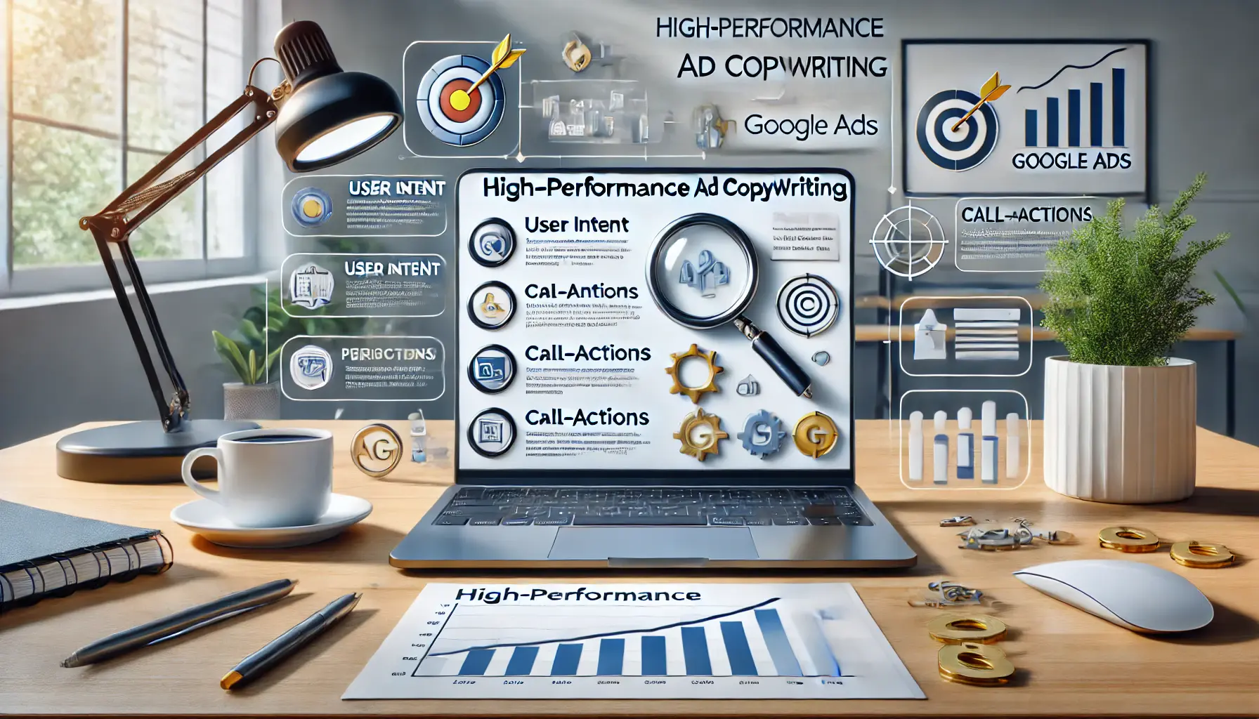 A digital marketing workspace featuring a laptop with a list of key ad copywriting elements, such as user intent, call-to-actions, and performance metrics. Icons like a magnifying glass, target, and upward trend graph surround the workspace.