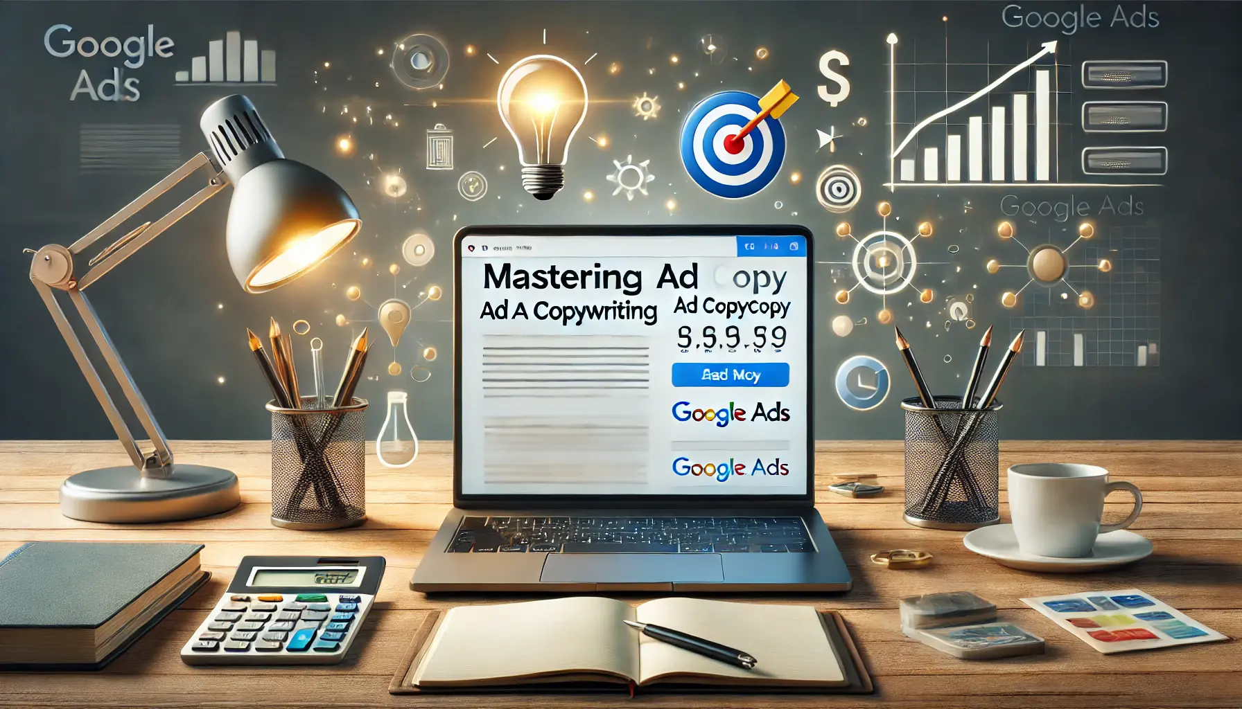 A digital marketing workspace with a laptop displaying a Google Ads interface showing well-crafted ad copy, surrounded by icons like a light bulb, target icon, and upward trend graph.