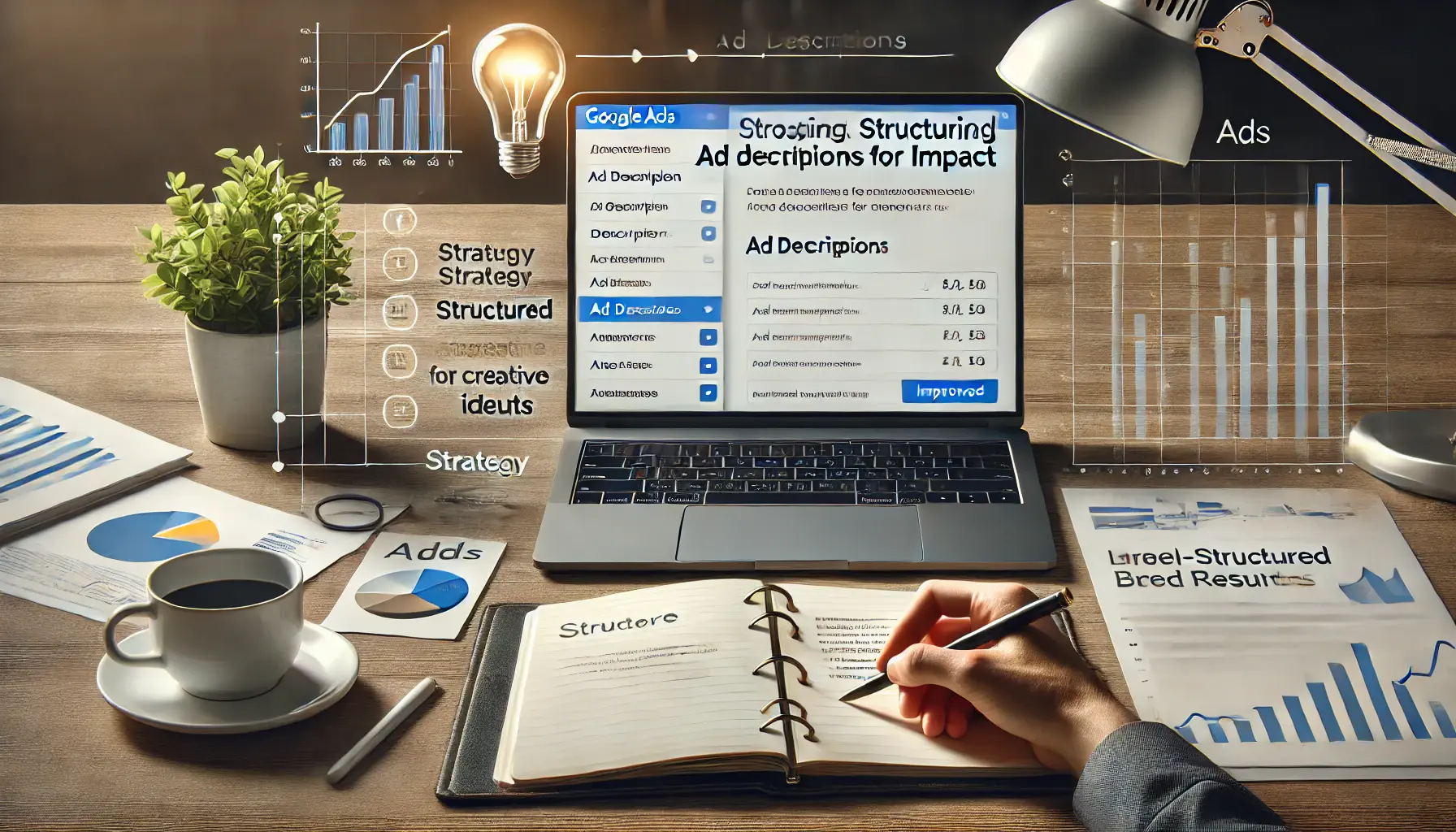 A professional digital marketing workspace featuring a laptop displaying a Google Ads description interface, with a notebook of structured notes, a light bulb for ideas, and a chart showing improved results.