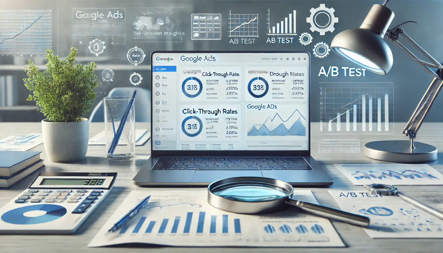 A digital marketing workspace featuring a laptop displaying a Google Ads dashboard with metrics like click-through rates, conversions, and A/B test results. Icons like a magnifying glass, gears, and performance graphs surround the workspace.