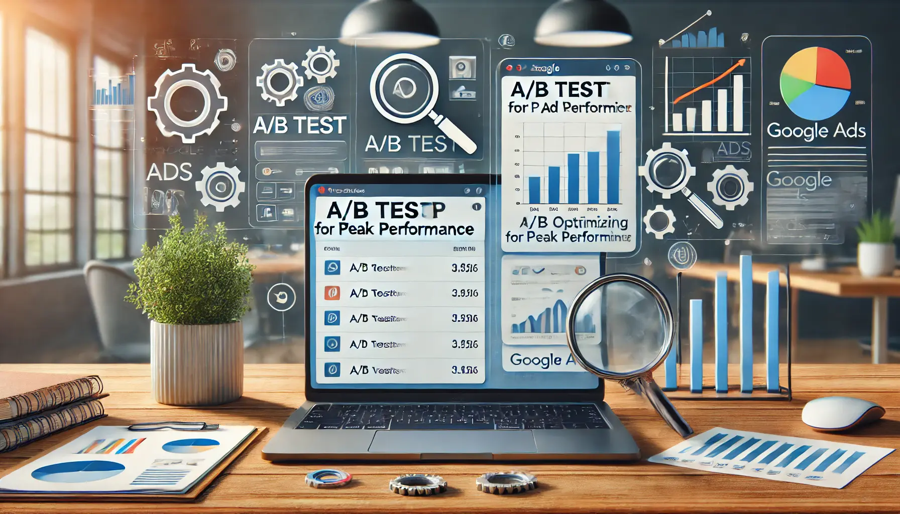 A digital marketing workspace with a laptop displaying A/B test results in a Google Ads interface, alongside charts and metrics for comparing ad variations. Surrounding icons include a magnifying glass, gears, and a performance graph.