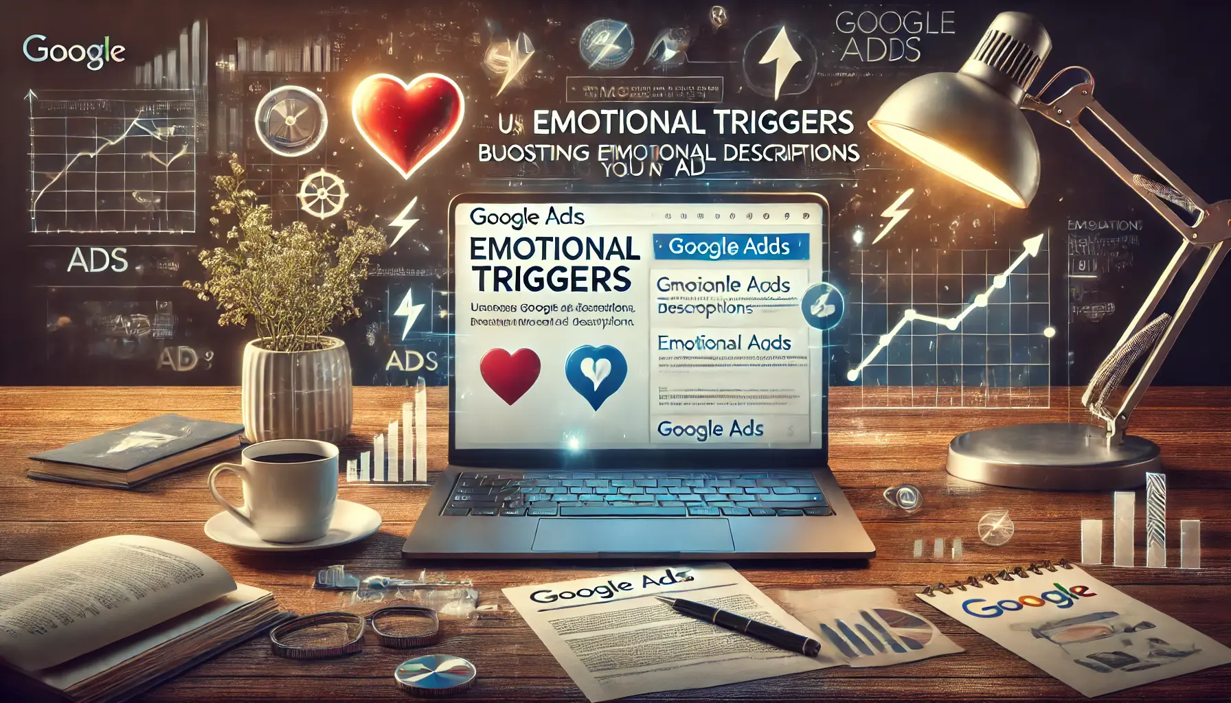 A professional digital marketing workspace featuring a laptop with a Google Ads description interface, surrounded by symbols of emotion like a heart, a lightning bolt, and an upward trending graph.