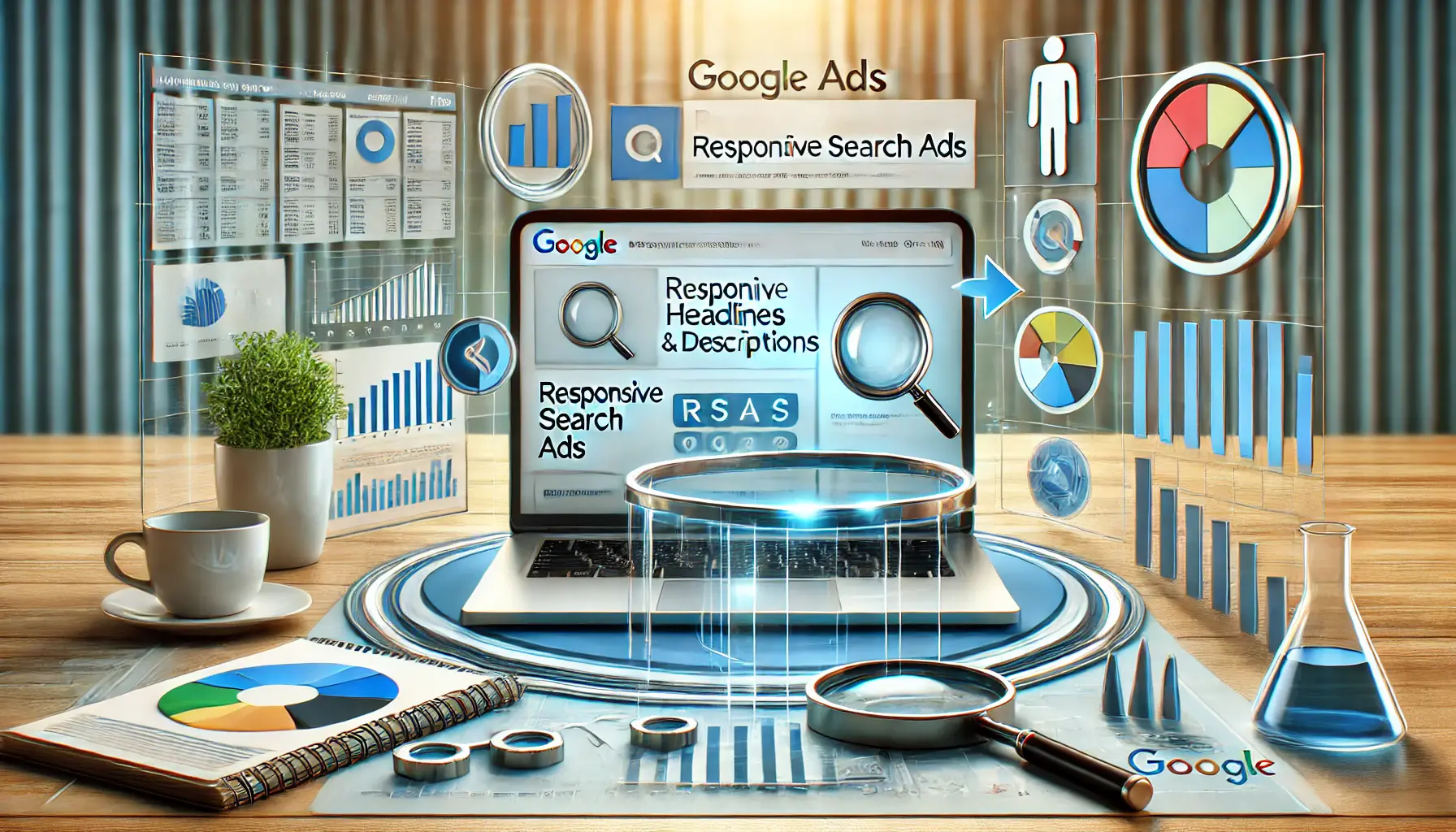 A digital marketing workspace featuring a laptop displaying a Google Ads interface where multiple headlines and descriptions are being tested. Surrounding the workspace are icons of automation and performance, such as rotating arrows, magnifying glass, and performance charts.