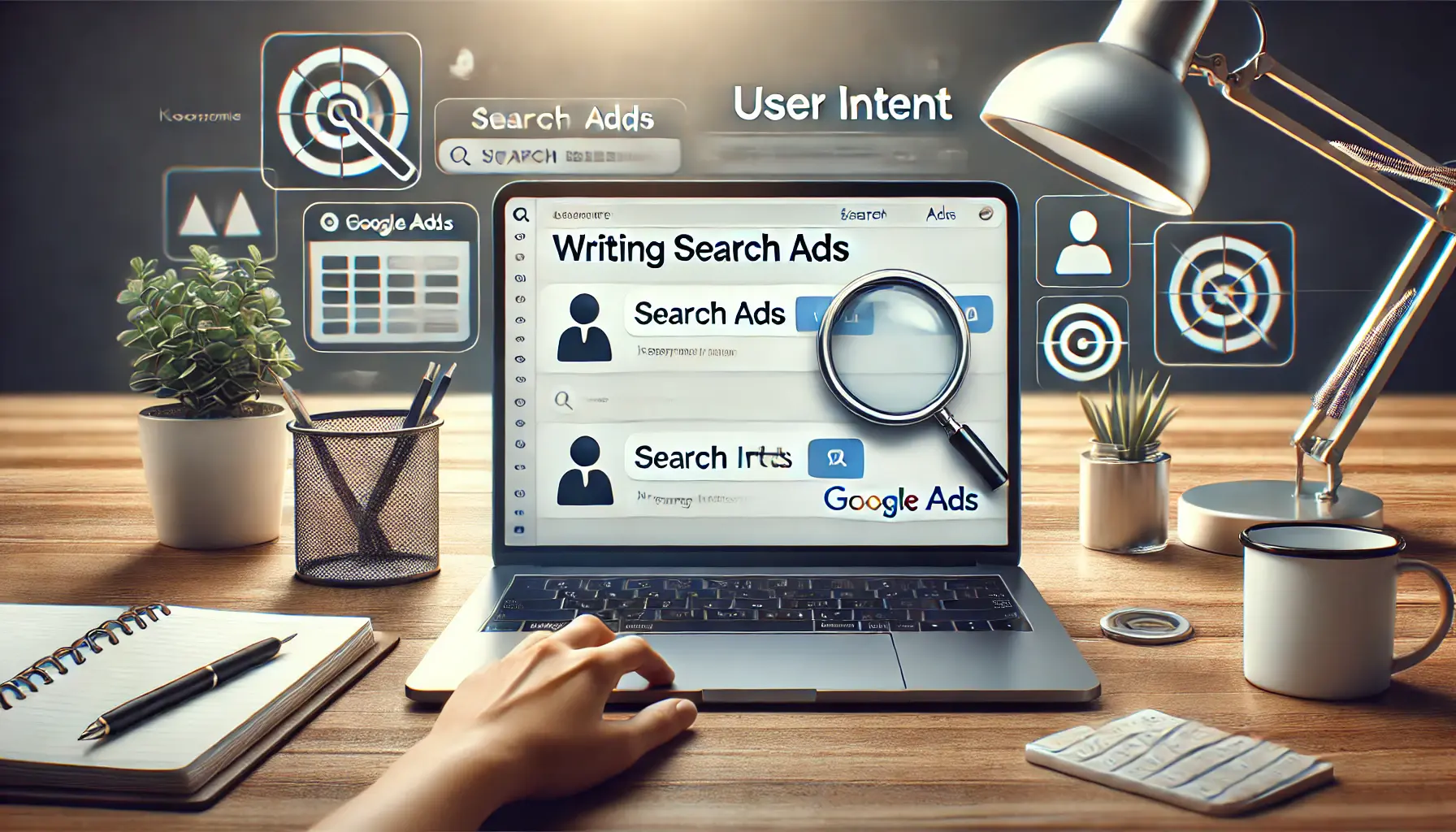 A professional digital marketing workspace featuring a laptop with a Google Ads Search Ads interface open, showing a keyword search bar and ad creation window. Surrounding the workspace are icons like a magnifying glass, user profile, and target symbolizing user intent.