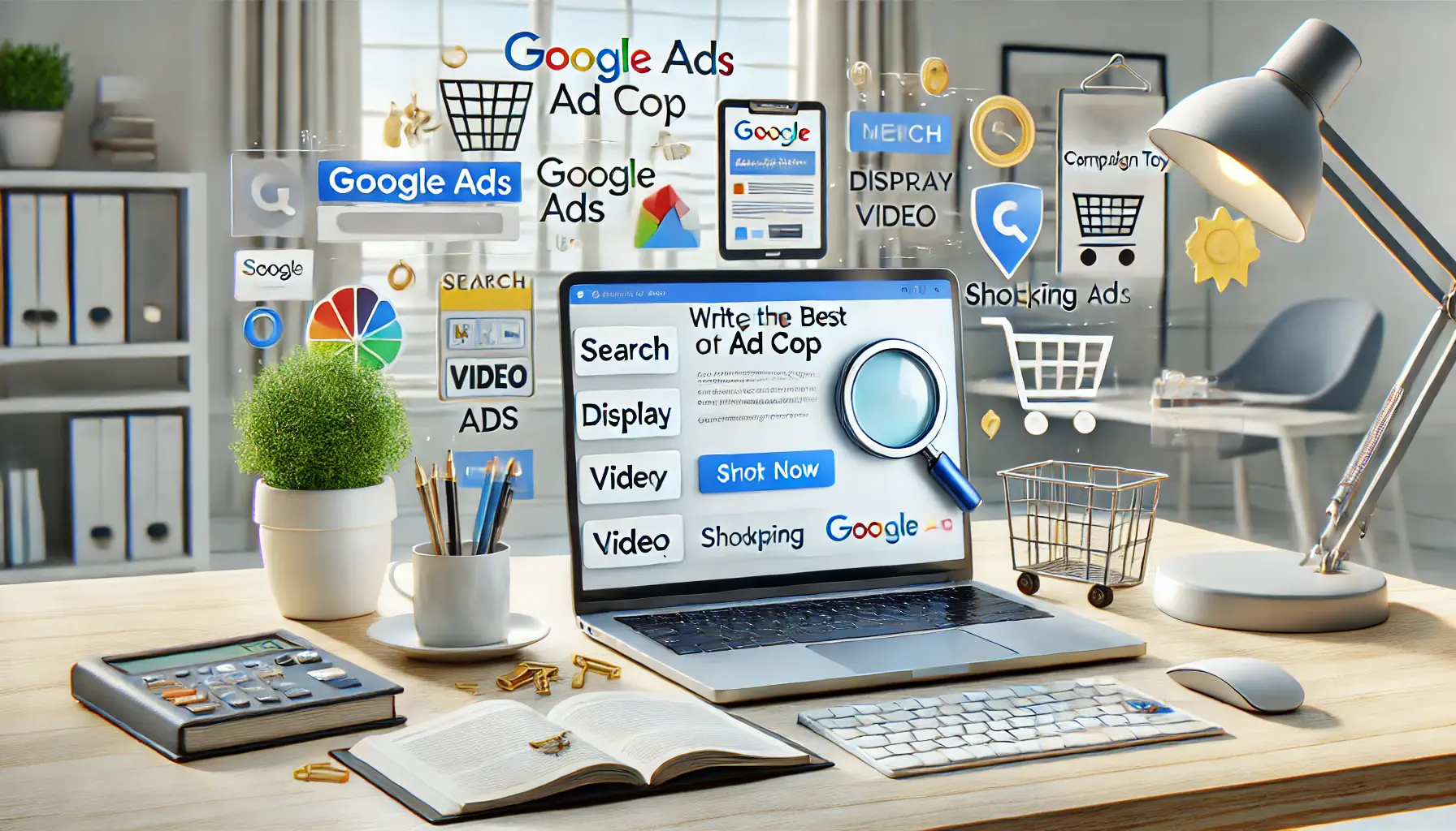 A professional digital marketing workspace featuring a laptop showing various Google Ads campaign interfaces, like Search, Display, Video, and Shopping, with surrounding elements such as a magnifying glass, video play button, and shopping cart.