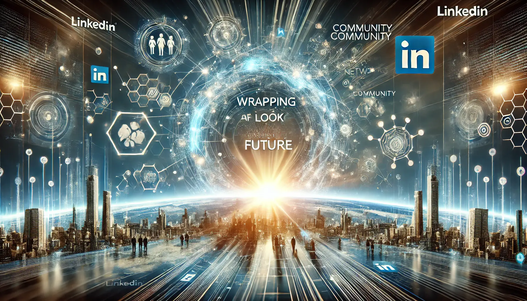 A thriving digital network with growth projections, futuristic connections, and expanding professional networks, symbolizing the future potential of a LinkedIn community.