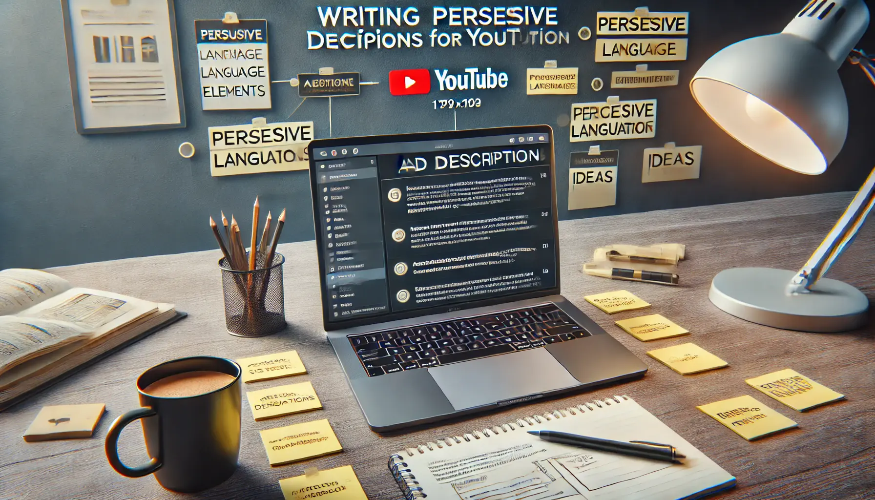 A workspace with a laptop displaying a draft of a persuasive ad description, surrounded by notes on language elements.