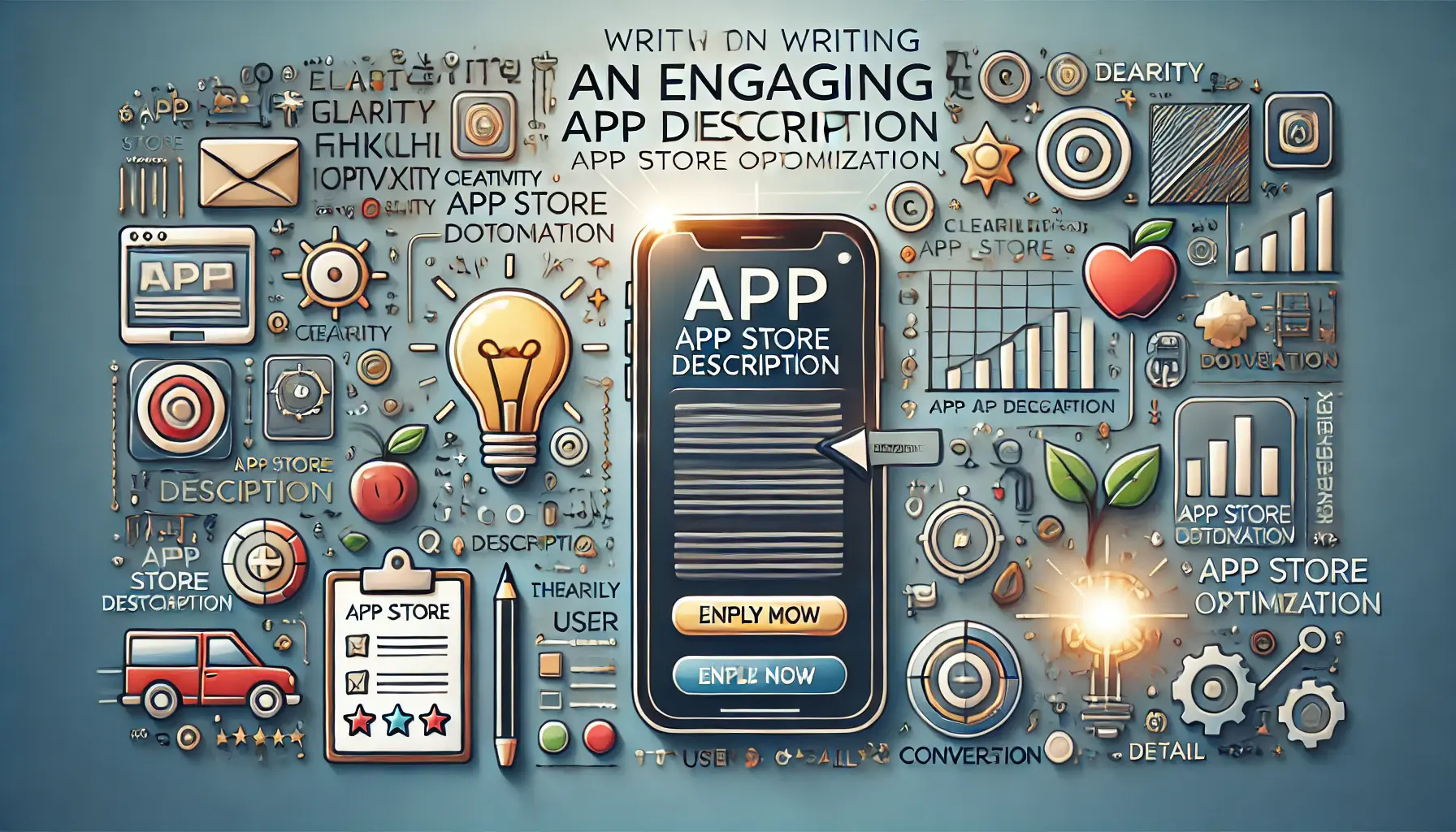 Illustration representing the process of writing an engaging app description, featuring a mobile device with an app store interface and symbolic elements like a lightbulb, checklist, and icons for engagement.