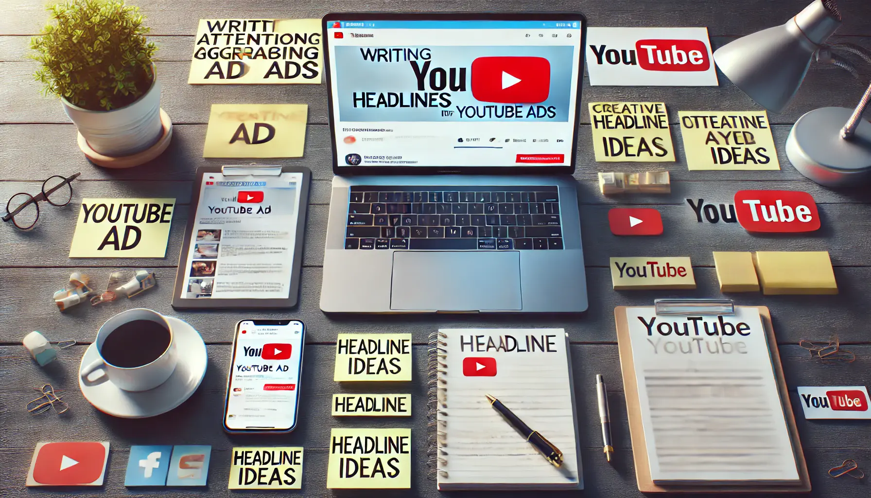 A digital marketer's workspace with a laptop displaying YouTube ad headlines, surrounded by creative notes and brainstorming materials.