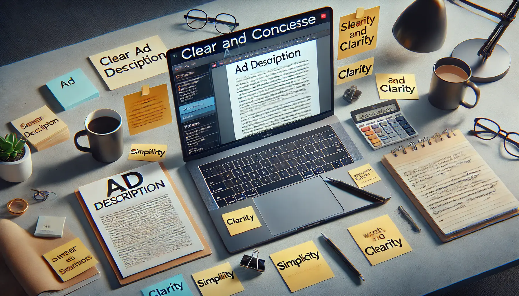 A workspace with a laptop displaying a clear and concise ad description draft, surrounded by notes on simplicity and clarity.