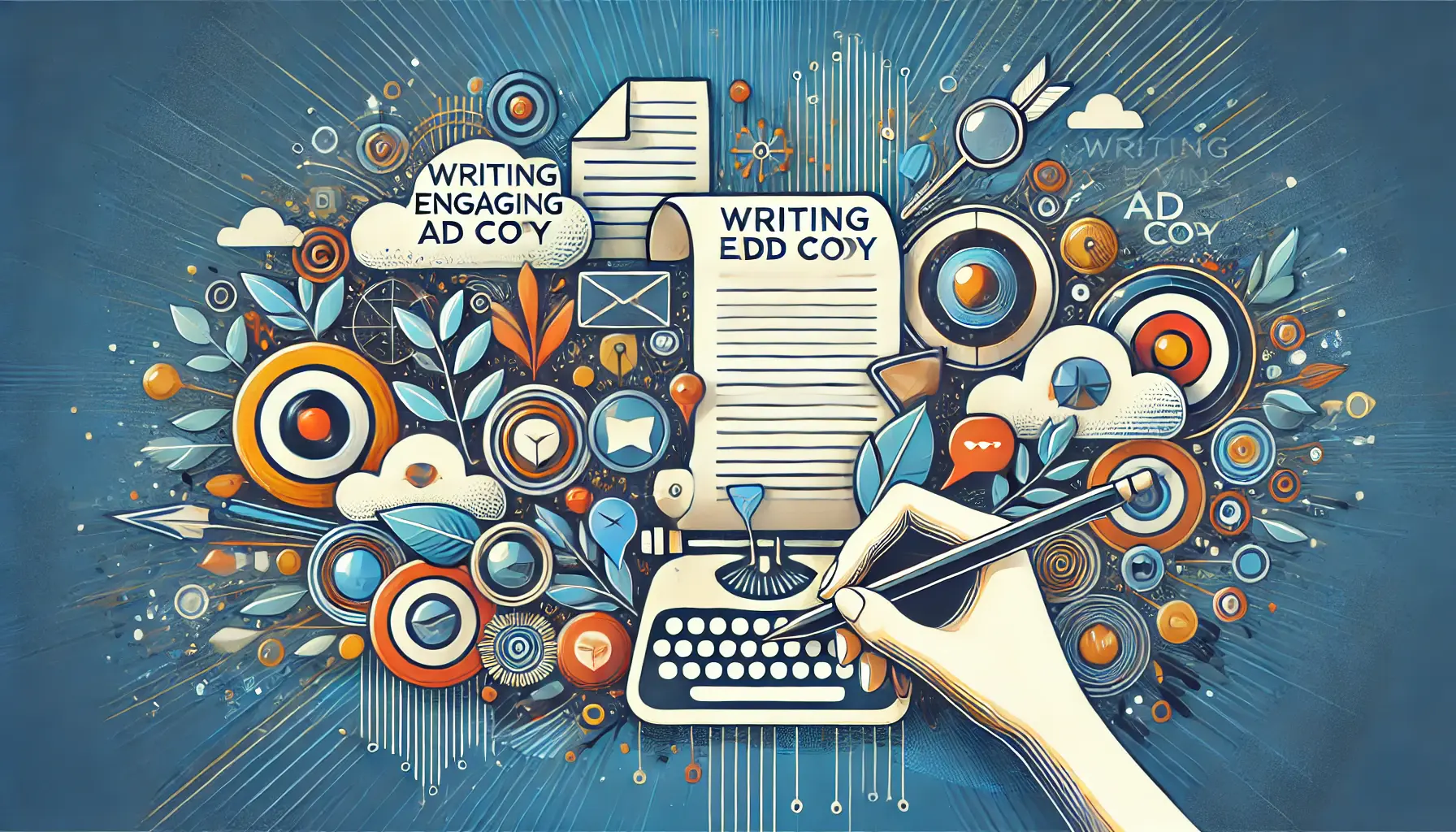 An image symbolizing the process of writing engaging ad copy with abstract visuals of dialogue bubbles and creative elements representing storytelling.