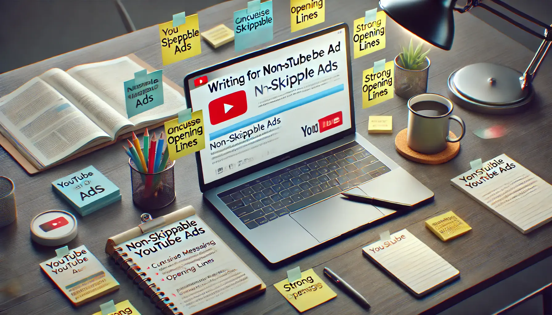 A workspace with a laptop displaying non-skippable YouTube ad strategies, surrounded by sticky notes highlighting key tactics.