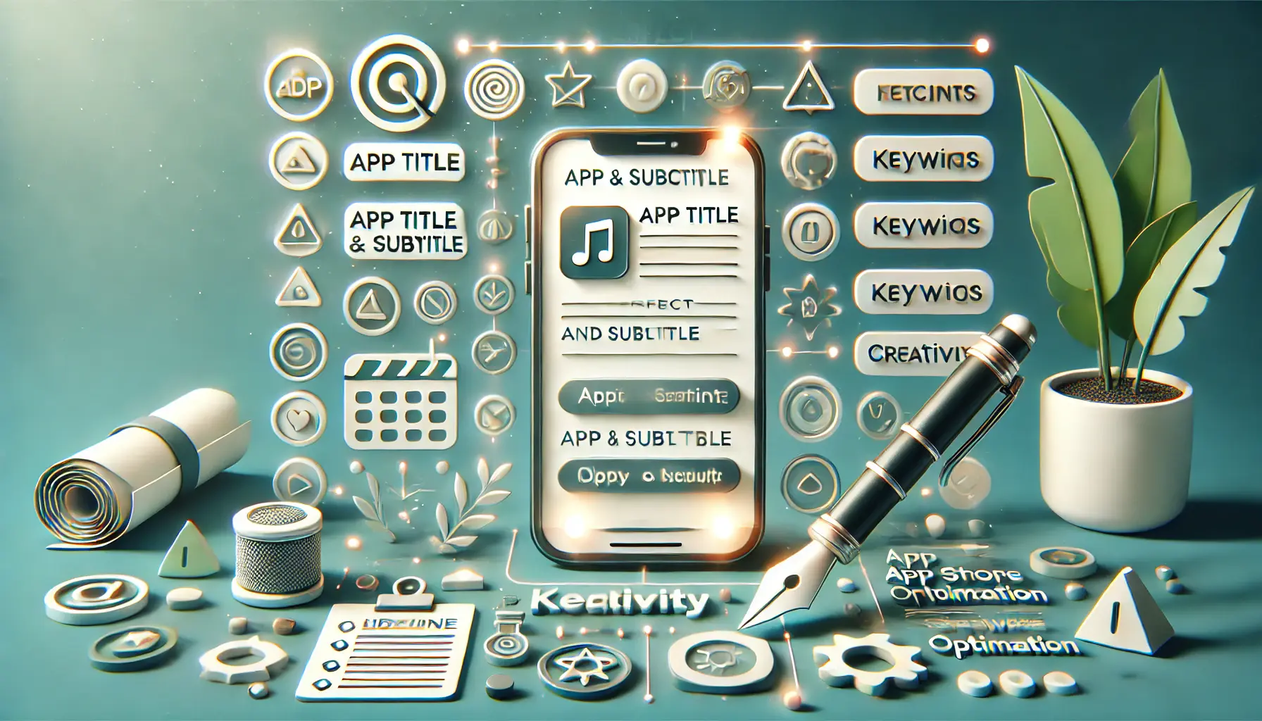 Illustration representing the process of creating the perfect app title and subtitle, featuring a mobile device with an app store interface, along with symbolic elements like a quill pen and checklist.