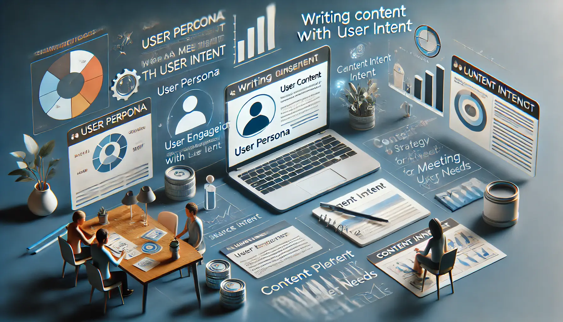 A digital workspace featuring user persona and content creation tools on a laptop, with analytics displaying user engagement and search intent metrics.