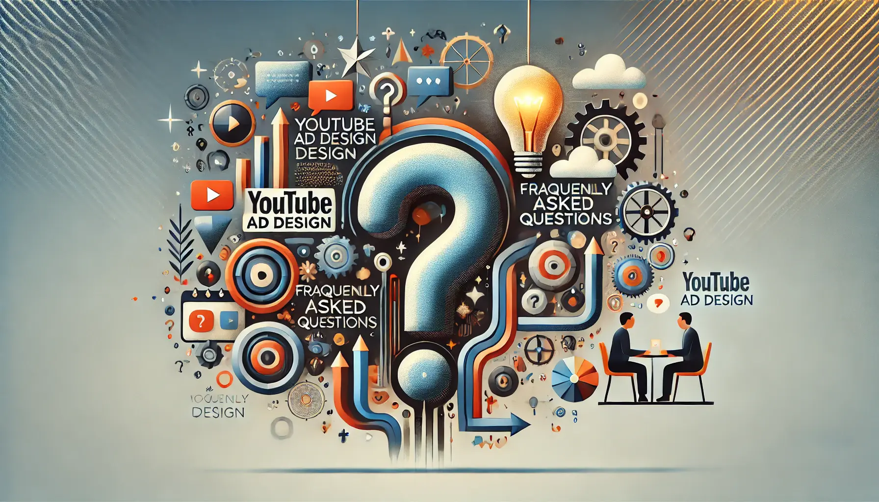 An image symbolizing the concept of frequently asked questions about YouTube ad design, with abstract visuals of question marks and lightbulbs.