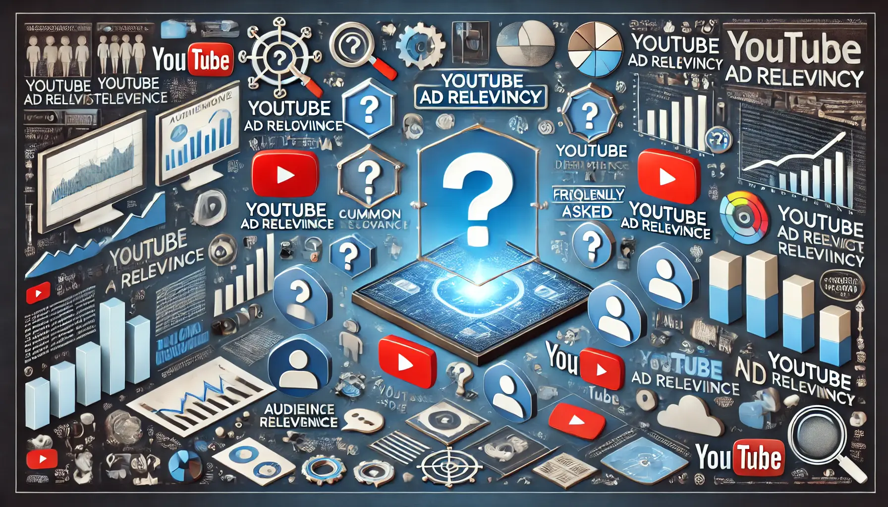 Digital marketing dashboard with question mark icons and YouTube video player elements symbolizing common questions on ad relevance