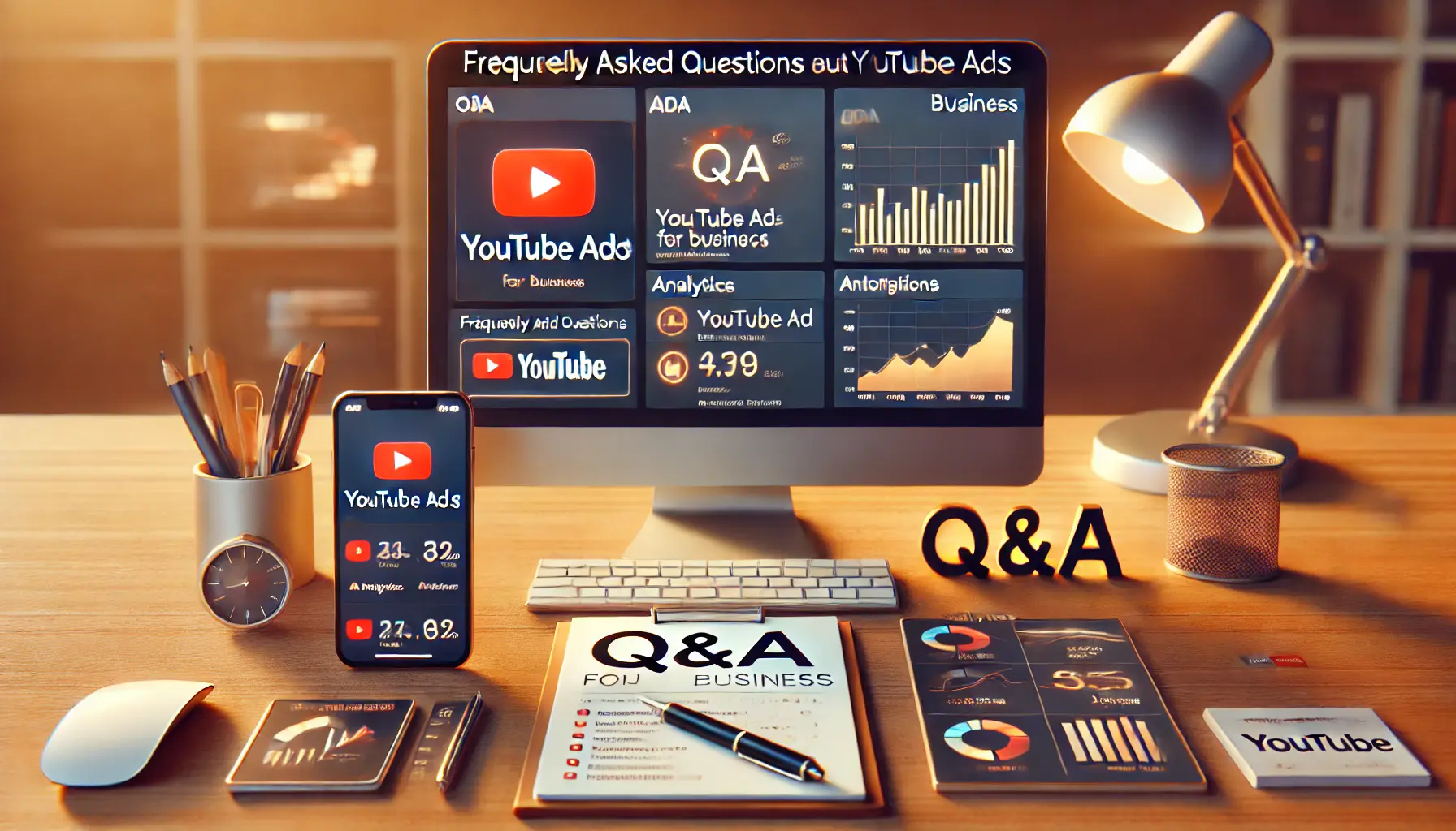 A realistic image of a workspace with a computer displaying YouTube ad analytics, symbolizing a FAQ section about YouTube ads.