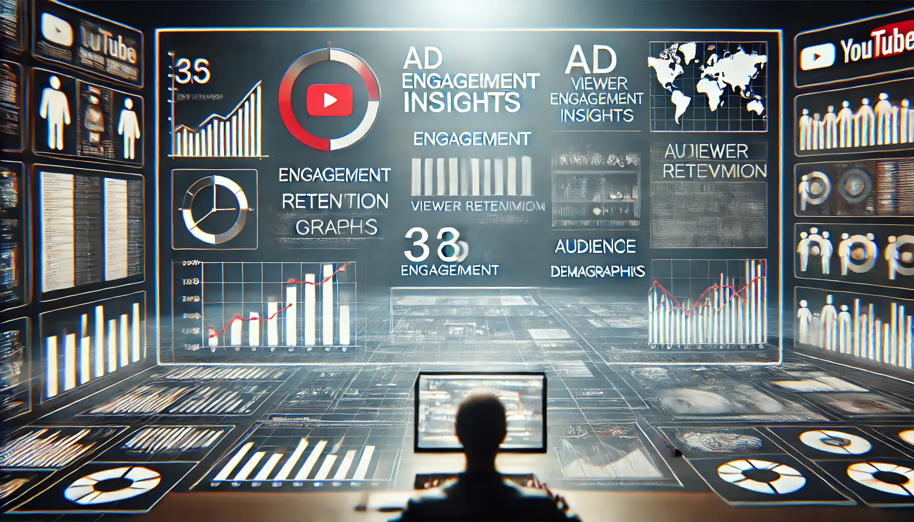 An illustration of YouTube Analytics focused on ad engagement insights, showing engagement metrics, viewer retention graphs, and audience demographics with YouTube's red accent.