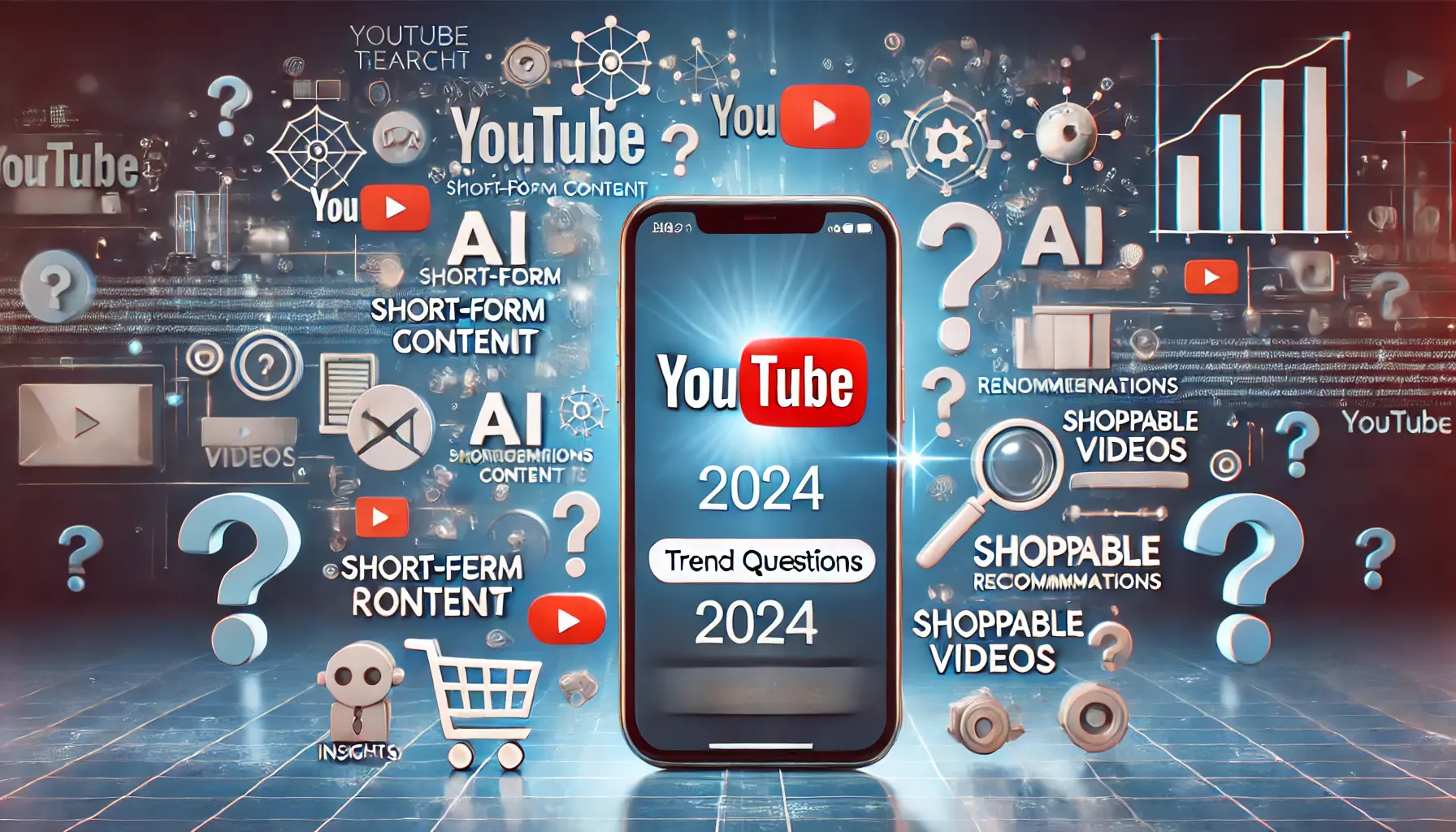 Smartphone showing YouTube search interface with icons for popular trends like short-form content, AI, and shoppable videos