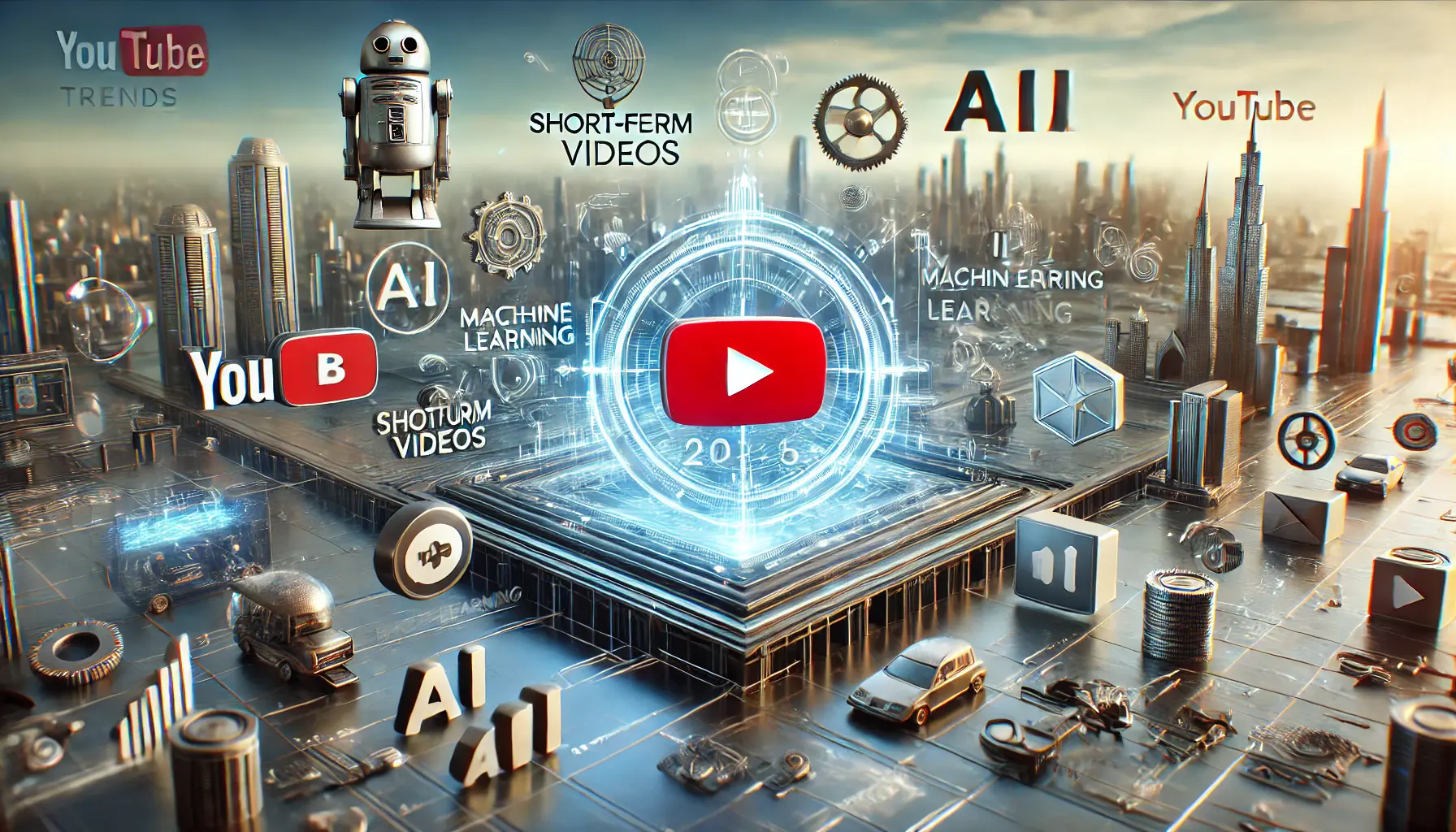 A modern digital landscape depicting YouTube’s 2024 trends with icons symbolizing short-form video, AI, machine learning, and e-commerce.