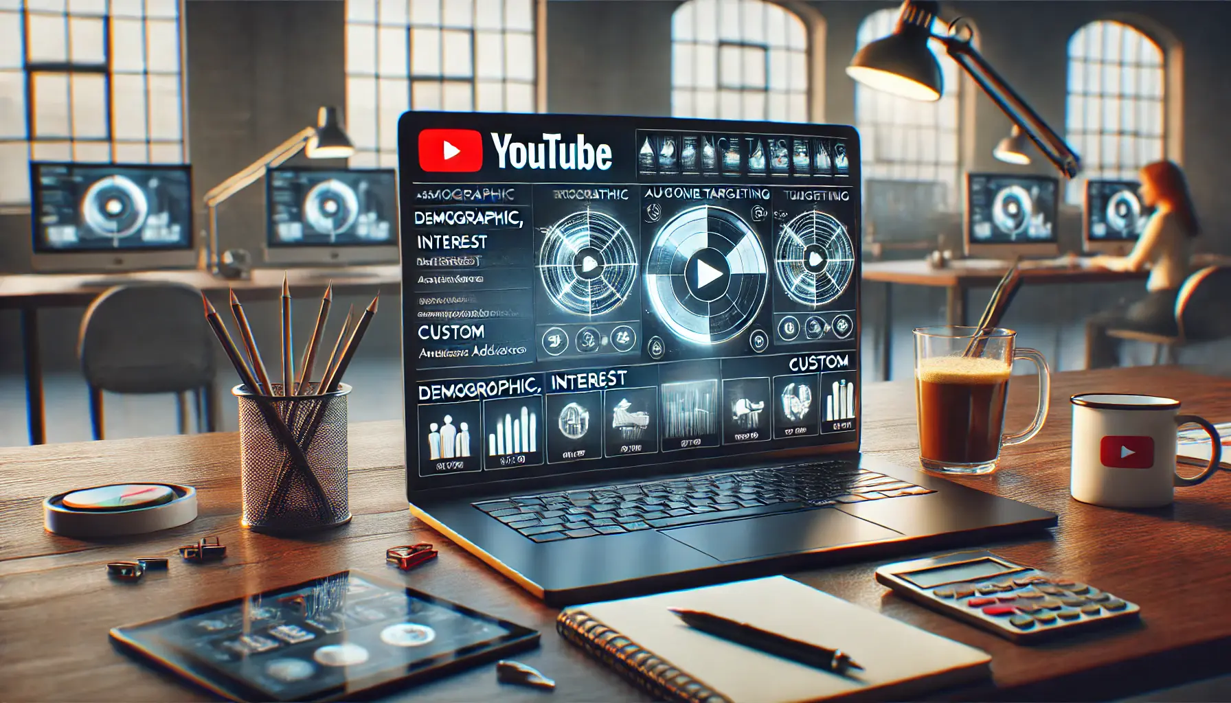 Marketer's workspace showcasing YouTube targeting options, with a screen displaying audience demographics and targeting tools.