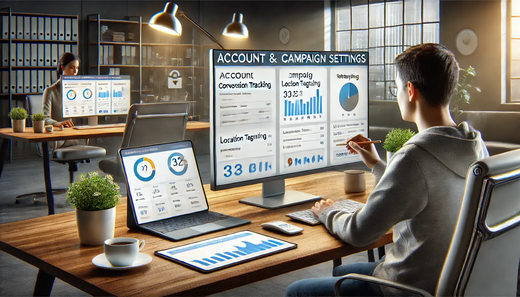 A digital marketer reviewing Google Ads account and campaign settings, including conversion tracking and ad scheduling, in a modern workspace.