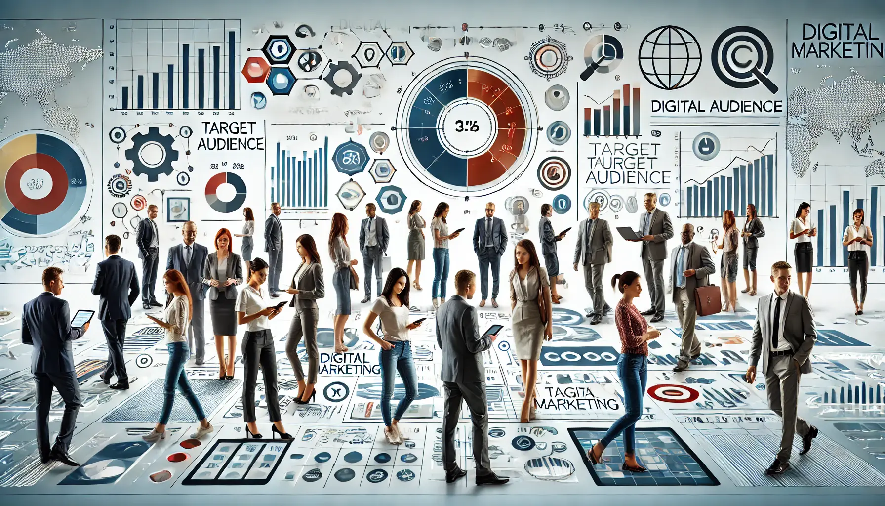 Illustration showing diverse groups of people and digital devices representing the process of assessing a target audience in marketing.