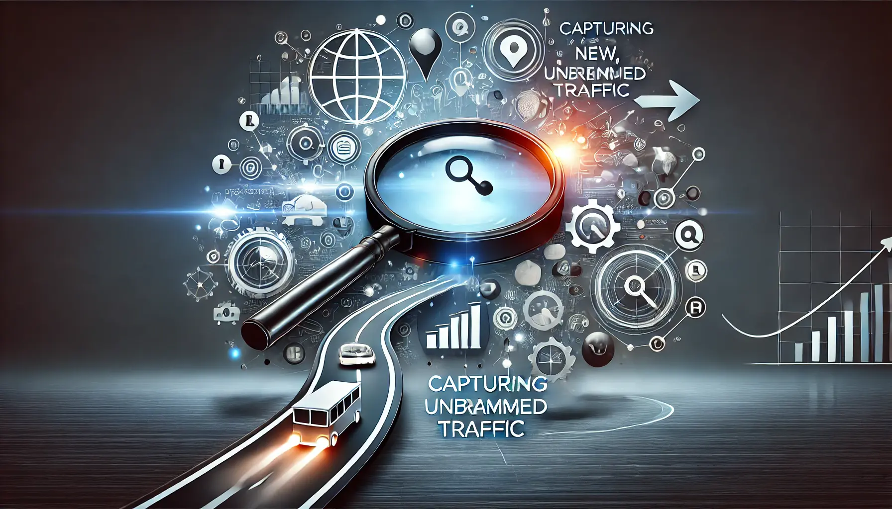 Abstract image symbolizing the concept of capturing unbranded traffic, featuring search icons and customer journey paths.