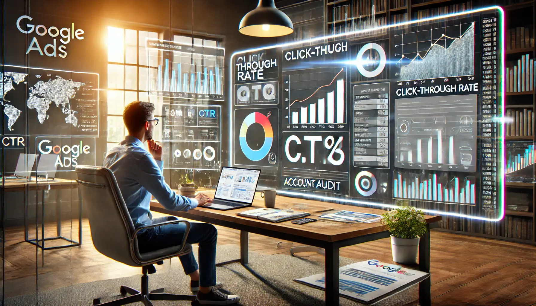 A digital marketer analyzing click-through rate (CTR) trends and ad performance on a large screen in a modern office.