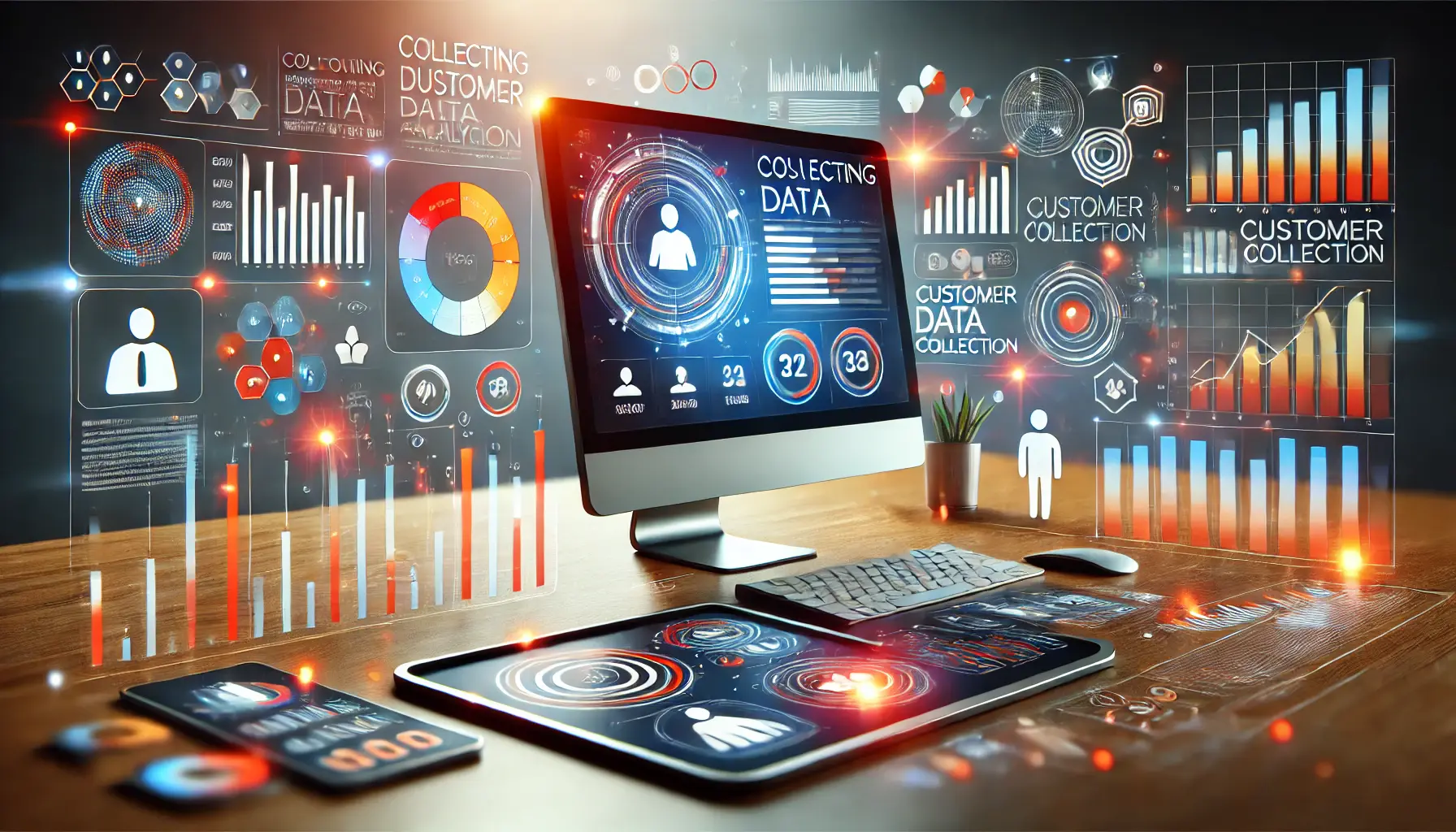 A modern digital workspace featuring a computer screen displaying customer data analytics, graphs, and behavior tracking elements.