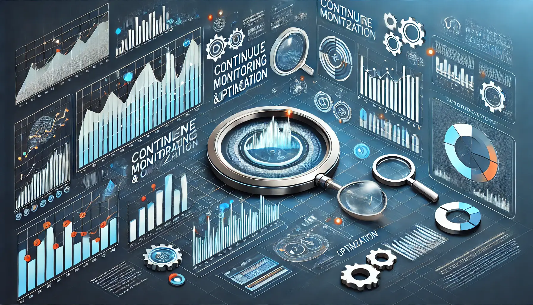 An illustration showing a digital dashboard with fluctuating graphs, magnifying glasses, gears, and arrows indicating continuous optimization.