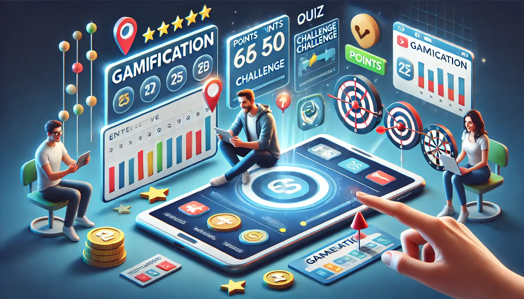 An illustration showing users engaging with gamified digital ads, such as quizzes, challenges, and rewards, on their devices like smartphones and tablets.