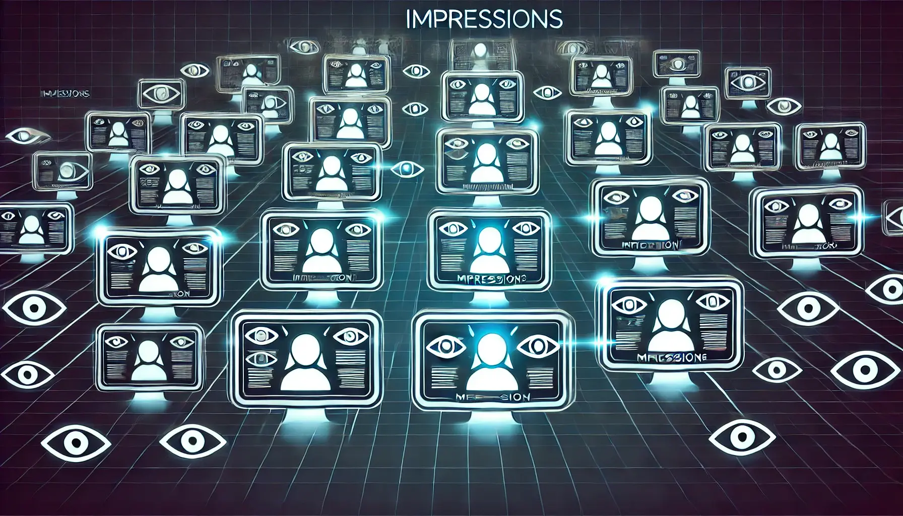 An illustration featuring glowing digital screens or billboards symbolizing ad impressions and visibility, with icons representing viewer attention.