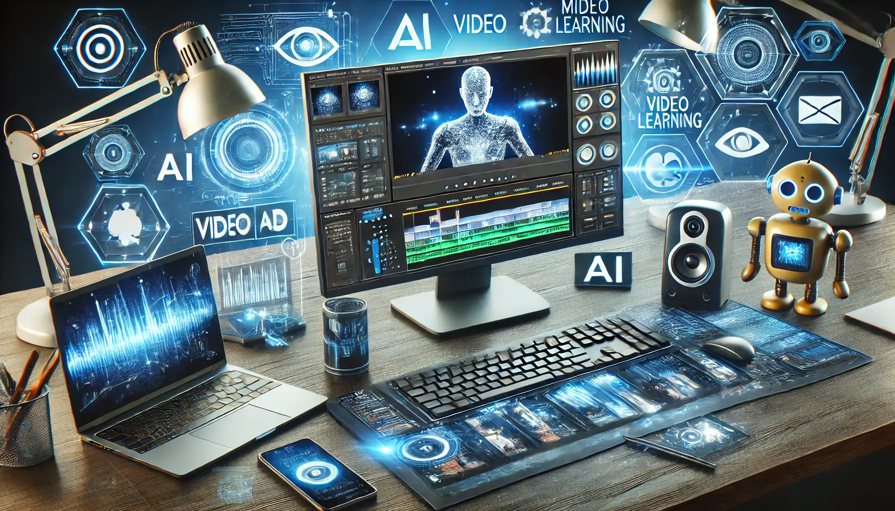 Futuristic workspace with AI-powered video editing software and modern tech gadgets.