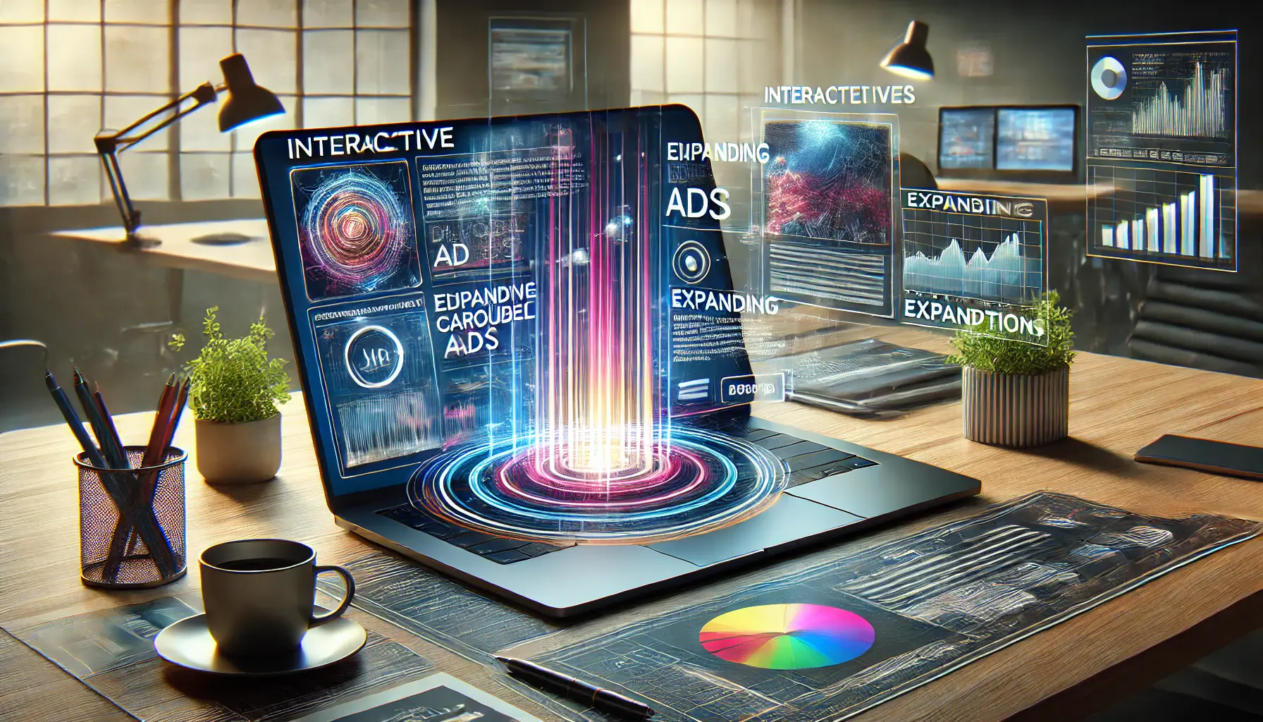 A laptop showcasing a dynamic ad interface with carousel features and user interaction elements in a modern workspace.