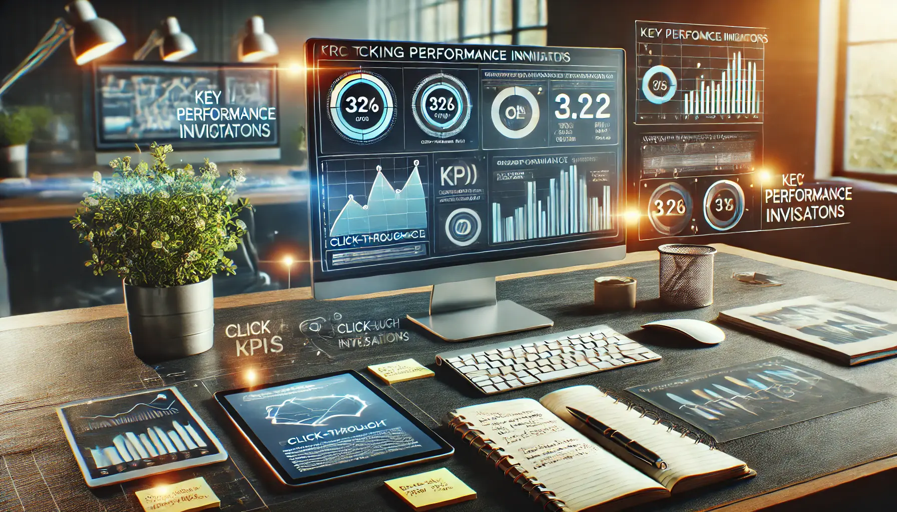 A professional workspace with a monitor displaying KPI dashboards and tools for performance tracking.