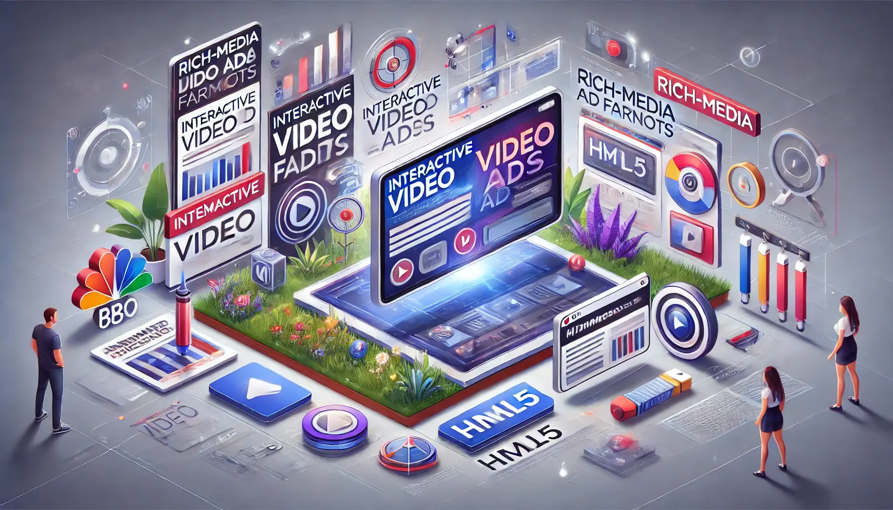 An illustration showing interactive video ads, animated banners, and HTML5 elements representing rich-media ad formats.