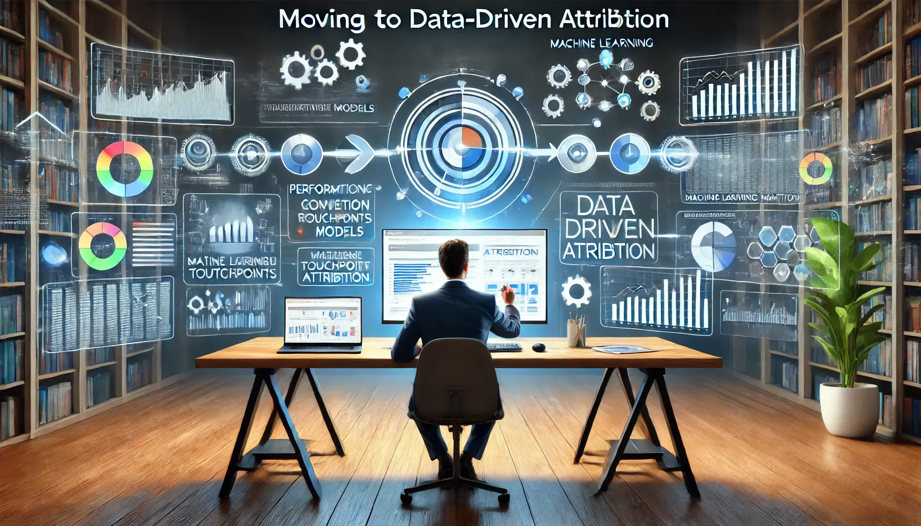 A digital marketing workspace showing the transition from traditional attribution models to Data-Driven Attribution with performance metrics.