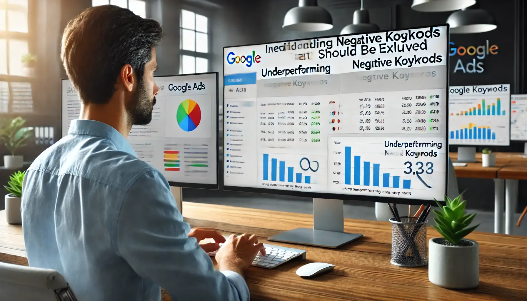 A digital marketing professional analyzing Google Ads campaign data, with underperforming keywords highlighted for exclusion in a modern office setting.