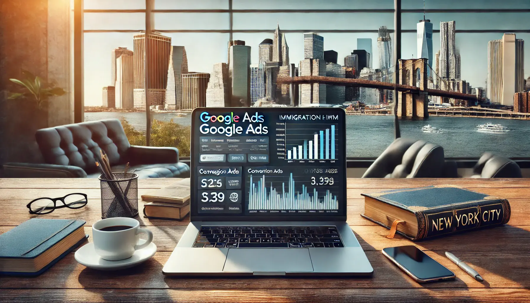 A modern office desk in New York City with a laptop displaying a Google Ads campaign for an immigration law firm, with the city skyline visible in the background.