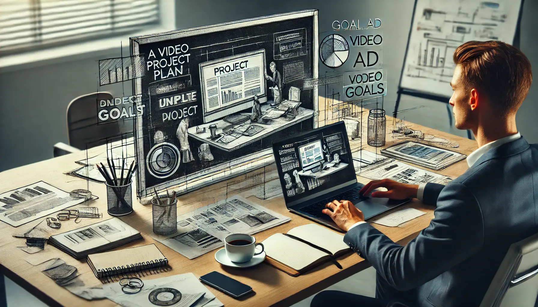 Professional workspace showing a person with a laptop displaying an incomplete project plan, scattered notes, and disorganization.